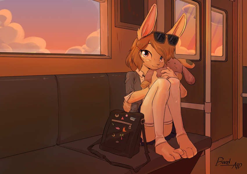 3_toes absurd_res anthro asphk bag barefoot bent_legs bottomwear bunny_plushie chair clothed clothing cloud cute_expression cute_eyes domestic_rabbit door ears_up eyewear eyewear_on_head feet female freckles furniture hi_res hugging_plushie knees_pulled_up lagomorph legs_together legwear leporid looking_at_viewer mammal on_chair oryctolagus paws plushie public public_transportation rabbit raised_bottomwear raised_clothing raised_skirt rapid_transit rolled_up_sleeves satchel school_uniform sitting sitting_on_chair skirt subway sunglasses sunglasses_on_head thigh_highs toes train uniform vehicle wholesome window yulia_(bakedbunny)