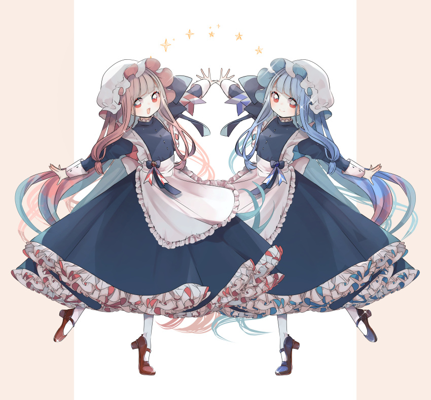2girls absurdres alternate_costume alternate_hair_color apron arms_up blue_hair blush closed_mouth colored_tips commentary_request dress enmaided floating_hair frilled_apron frilled_dress frills full_body gradient_hair hat high_heels highres kotonoha_akane kotonoha_aoi long_hair long_sleeves looking_at_viewer low-tied_sidelocks maid matching_outfits mob_cap multicolored_hair multiple_girls open_mouth outside_border outstretched_arms oyasumi_makura pantyhose petticoat pillarboxed pink_hair plantar_flexion red_eyes siblings sidelocks simple_background sisters sleeve_cuffs smile sparkle spread_arms standing standing_on_one_leg star_(symbol) symmetry tiptoes very_long_hair voiceroid white_background white_headwear white_pantyhose