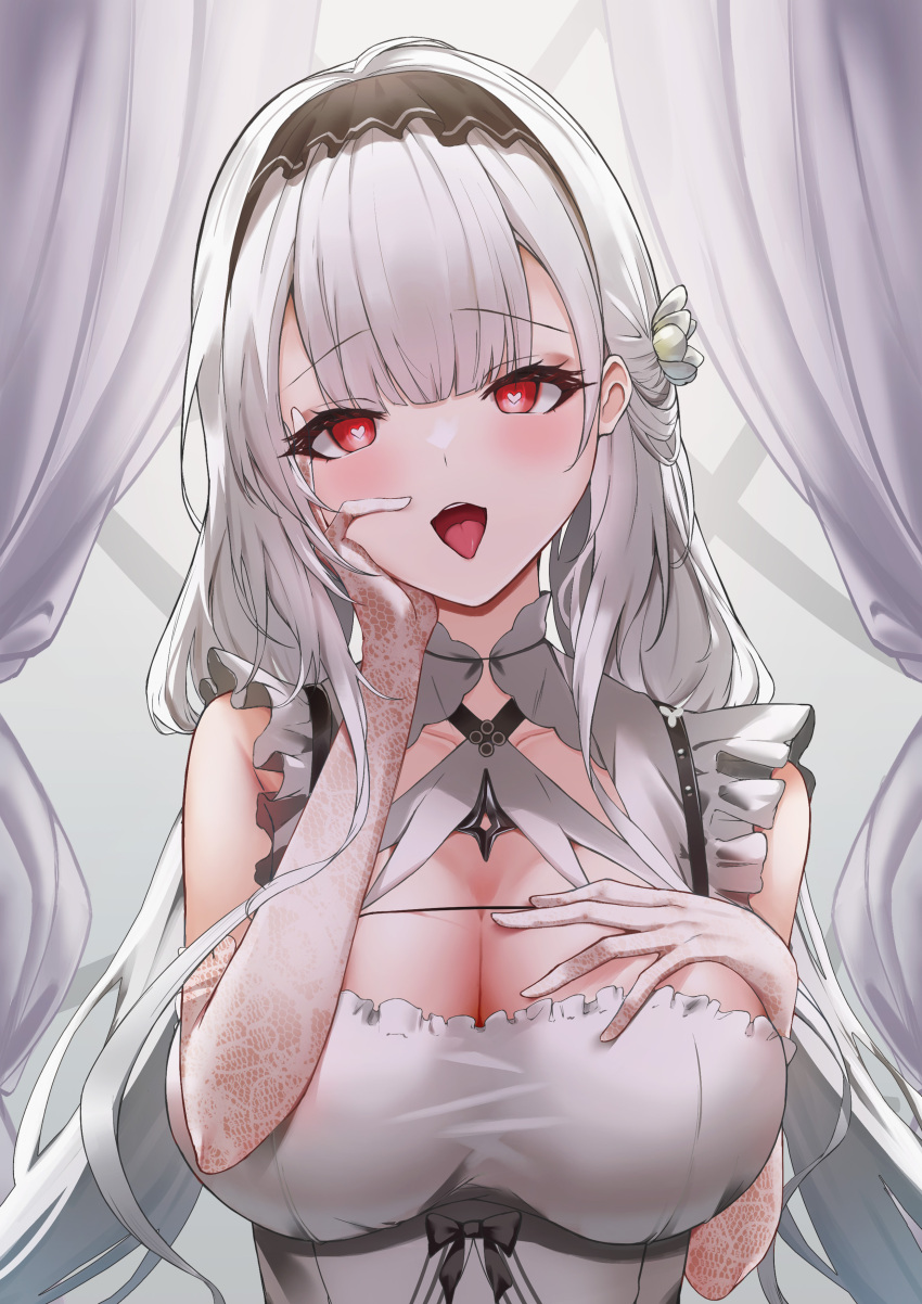 1girl absurdres azur_lane black_bow blunt_bangs blush bow breasts cleavage curtains dress dress_bow elbow_gloves flower frilled_dress frills gloves hair_flower hair_ornament hand_on_own_cheek hand_on_own_chest hand_on_own_face heart heart-shaped_pupils highres kirisamede_gzr lace-trimmed_gloves lace_trim large_breasts long_hair looking_at_viewer maid maid_headdress open_mouth red_eyes scylla_(azur_lane) sleeveless sleeveless_dress smile solo symbol-shaped_pupils tongue tongue_out upper_body white_dress white_gloves white_hair