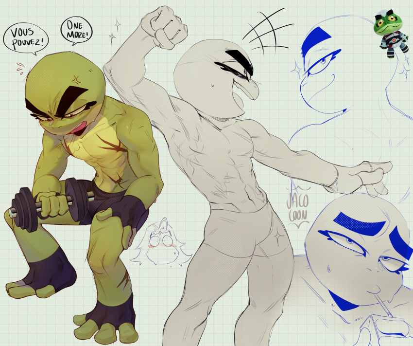 2boys absurdres bald black_male_underwear blush bullfrog_(captain_laserhawk) captain_laserhawk:_a_blood_dragon_remix clenched_hand colored_sclera colored_skin cropped_feet cropped_torso drinking exercise fingerless_gloves flying_sweatdrops from_side gloves green_skin grid_background highres jacocoon juice_box looking_at_viewer looking_down male_focus male_underwear multicolored_skin multiple_boys muscular muscular_male orange_eyes rayman reference_inset scar shine standing sweat sweatdrop thick_eyebrows toeless_footwear two-tone_skin underwear weight yellow_sclera