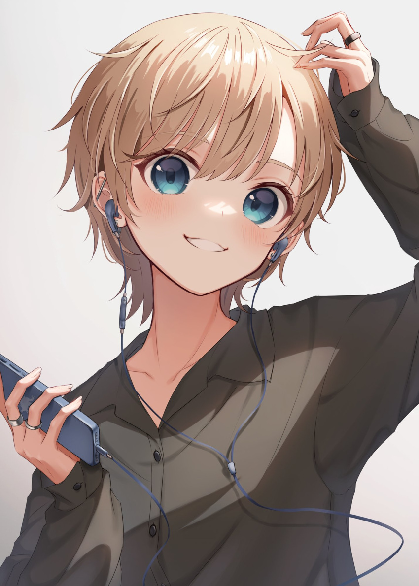 1other adjusting_hair androgynous black_shirt blonde_hair blue_eyes cellphone commission earphones earrings highres holding holding_phone jewelry listening_to_music long_sleeves looking_at_viewer medium_hair multiple_rings original other_focus phone ring shirt short_hair skeb_commission smartphone smile usami_(usami_l)