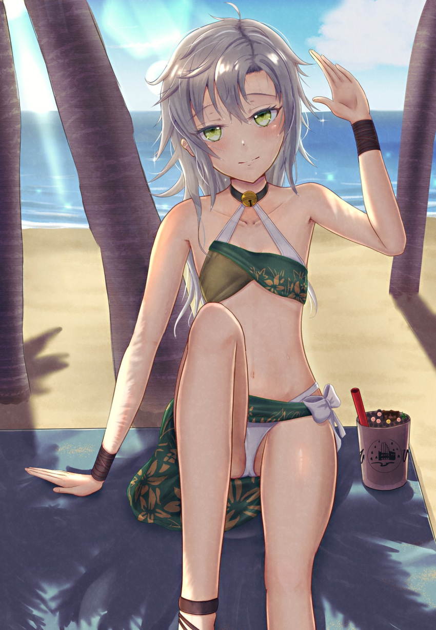 1girl beach bell bikini breasts bubble_tea drink eiyuu_densetsu fie_claussell green_eyes grey_hair hair_between_eyes highres jingle_bell long_hair looking_at_viewer ocean outdoors sand sandals sen_no_kiseki sitting small_breasts smile solo swimsuit waving witch_f