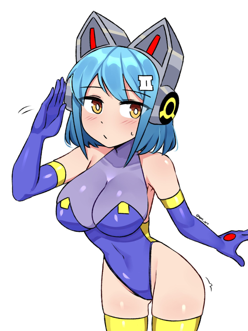 1girl absurdres bare_hips bare_shoulders blue_gloves blue_hair blue_leotard bob_cut breasts bright_pupils brown_eyes closed_mouth covered_collarbone covered_navel cowboy_shot elbow_gloves gloves hair_ornament hairclip headphones highleg highleg_leotard highres ii_(peps_art) large_breasts leaning_forward leotard light_blush looking_at_viewer mechanical_ears medium_breasts original peps_art see-through_cleavage sidelocks simple_background solo swept_bangs thighhighs twitter_username waving white_background yellow_thighhighs