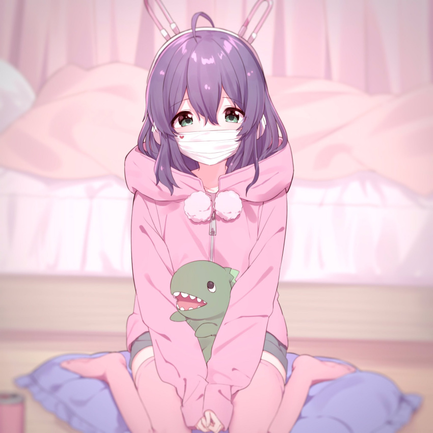1girl ahoge animal_ears bed bed_sheet blurry blush breasts can cushion depth_of_field fake_animal_ears green_eyes grey_skirt hair_between_eyes headset highres hood hood_down hoodie idolmaster idolmaster_million_live! idolmaster_million_live!_theater_days indoors long_hair long_sleeves looking_at_viewer mask mochizuki_anna mouth_mask norada pillow pink_curtains pink_hoodie pink_thighhighs pom_pom_(clothes) purple_hair rabbit_ears sitting skirt sleeves_past_wrists small_breasts solo stuffed_toy surgical_mask thighhighs wariza zipper zipper_pull_tab