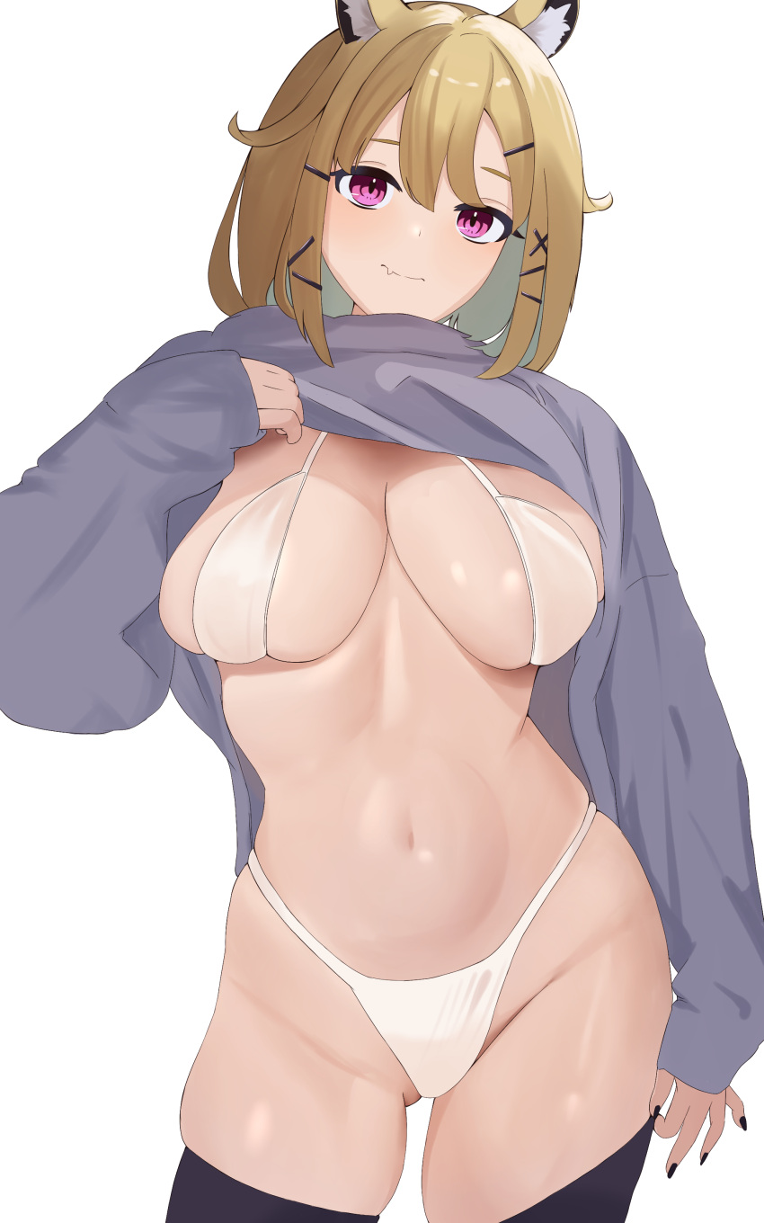 1girl absurdres animal_ear_fluff animal_ears arknights bikini binware black_nails black_thighhighs blonde_hair breasts clothes_lift commentary_request cowboy_shot grey_sweater groin highres large_breasts lifted_by_self long_sleeves looking_at_viewer nail_polish navel purple_eyes short_hair simple_background solo standing stomach sweater sweater_lift swimsuit thighhighs thighs utage_(arknights) white_background white_bikini