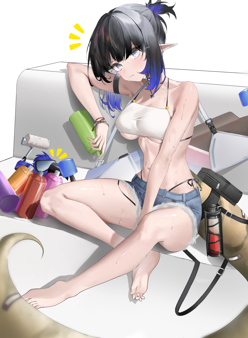 1girl absurdres arknights arm_strap bare_arms bare_legs bare_shoulders barefoot bird black_hair breasts camisole commentary crop_top cutoffs denim denim_shorts eunectes_(arknights) grey_eyes high_priest_(arknights) highres large_breasts lonn looking_at_viewer midriff navel paint_roller pointy_ears short_hair short_shorts shorts snake_tail spray_can stomach tail thighs underboob