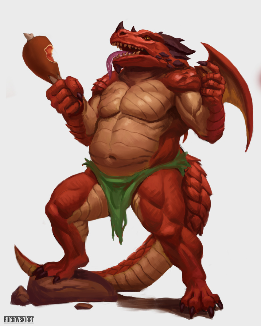 absurd_res anthro big_muscles bottomwear buckovskiart claws clothing dragon fantasy food hi_res hungry loincloth male male/male meat musclegut muscular overweight overweight_male red_body scales scalie skirt solo spread_wings weretober wings yellow_eyes