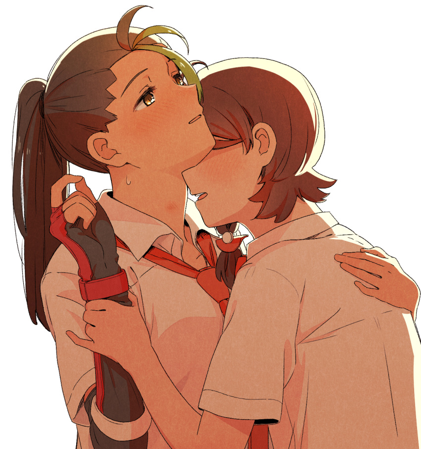 2girls ahoge black_hair blush braid brown_eyes brown_hair highres holding holding_poke_ball imminent_bite juliana_(pokemon) long_hair medium_hair multiple_girls necktie nemona_(pokemon) poke_ball pokemon pokemon_(game) pokemon_ears pokemon_sv red_necktie sawara65 school_uniform tail uva_academy_school_uniform yuri