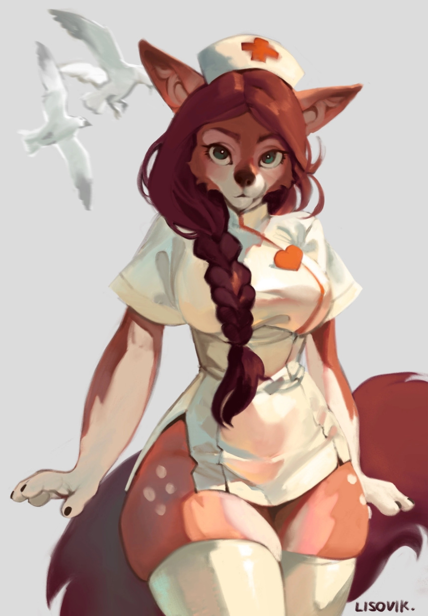 anthro brown_body brown_fur brown_hair canid canine clothed clothing female fox fur green_eyes hair hi_res legwear lisovik. looking_at_viewer mammal nurse_clothing nurse_uniform solo stockings uniform