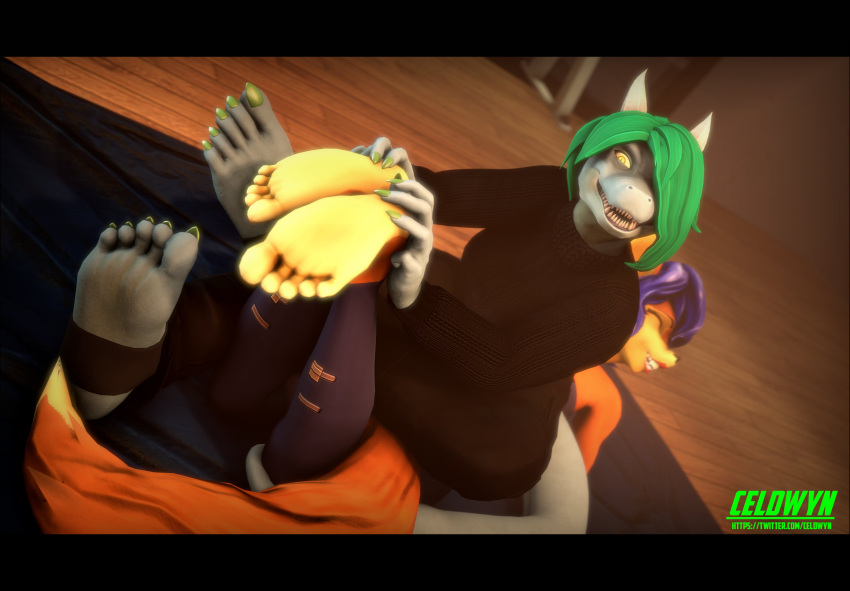 3d_(artwork) absurd_res anthro black_border border canid canine carmelita_fox caryll_(chappey) chappey clothed clothing digital_media_(artwork) dominant duo feet female female/female foot_fetish foot_focus fox hi_res humanoid laugh lizard mammal petruz_(copyright) reptile scalie sitting sitting_on_another sly_cooper_(series) smile smug sony_corporation sony_interactive_entertainment source_filmmaker sucker_punch_productions sweater text tickle_fetish tickling tickling_feet topwear turtleneck url warfare_machine watermark