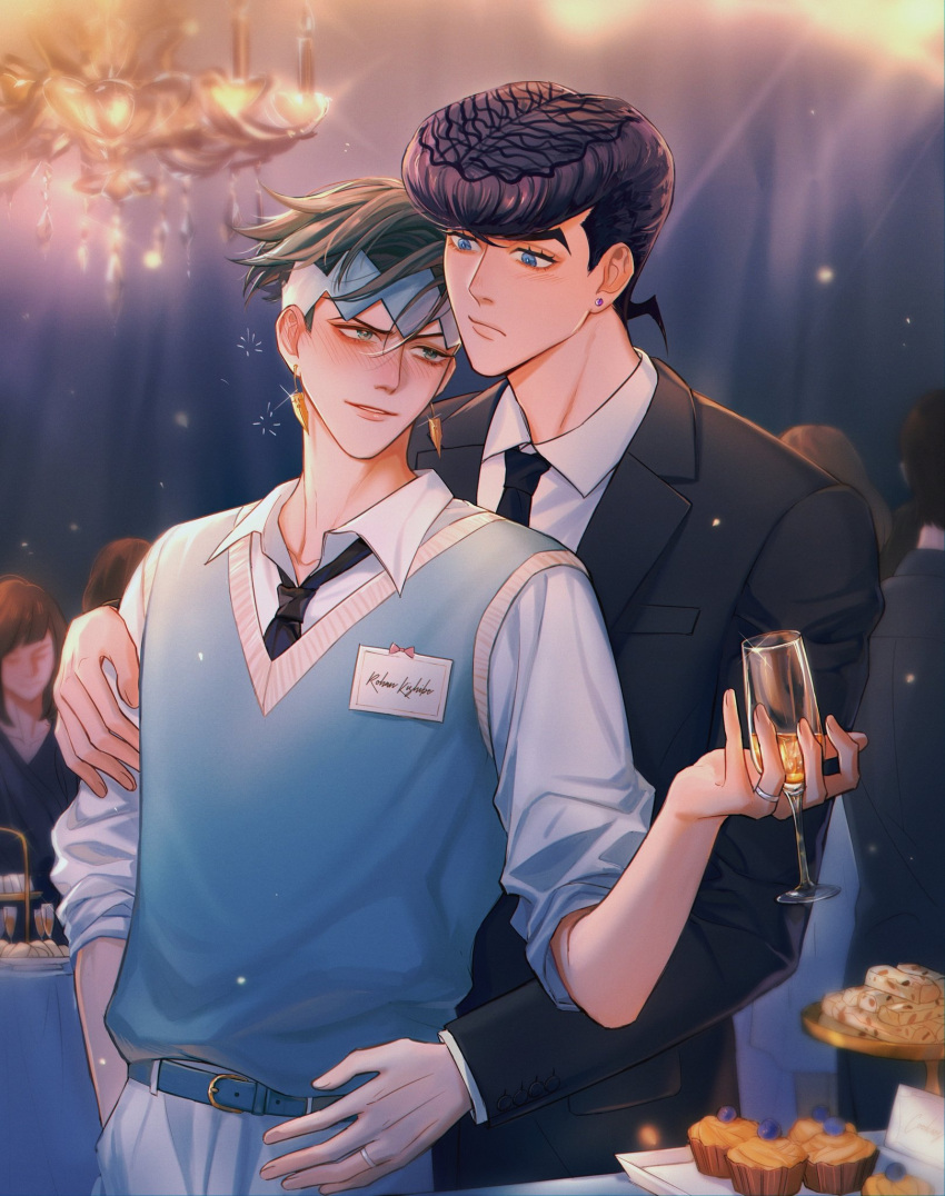 2boys black_jacket black_necktie black_pants blue_eyes candy champagne_flute closed_mouth cup diamond_wa_kudakenai drinking_glass drunk earrings food formal green_eyes green_hair headband height_difference higashikata_josuke highres holding holding_cup indoors jacket jewelry jojo_no_kimyou_na_bouken kishibe_rohan long_sleeves looking_at_another male_focus multiple_boys necktie pants polina29297783 pompadour ring shirt sleeves_rolled_up smile sweater_vest white_shirt yaoi