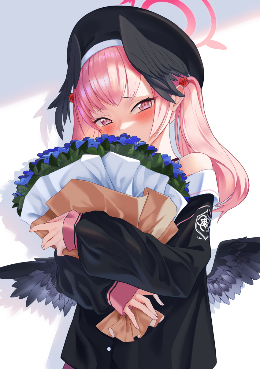 1girl absurdres apple_t_(ringotyasan) black_choker black_headwear black_serafuku black_wings blue_archive blush bouquet choker commentary_request covering_mouth detached_sleeves embarrassed feathered_wings hair_between_eyes halo hat head_tilt head_wings highres holding holding_bouquet koharu_(blue_archive) long_hair looking_at_viewer object_hug pink_eyes pink_hair pink_skirt pleated_skirt school_hat school_uniform serafuku short_sleeves sidelocks simple_background skirt solo twintails white_background wings