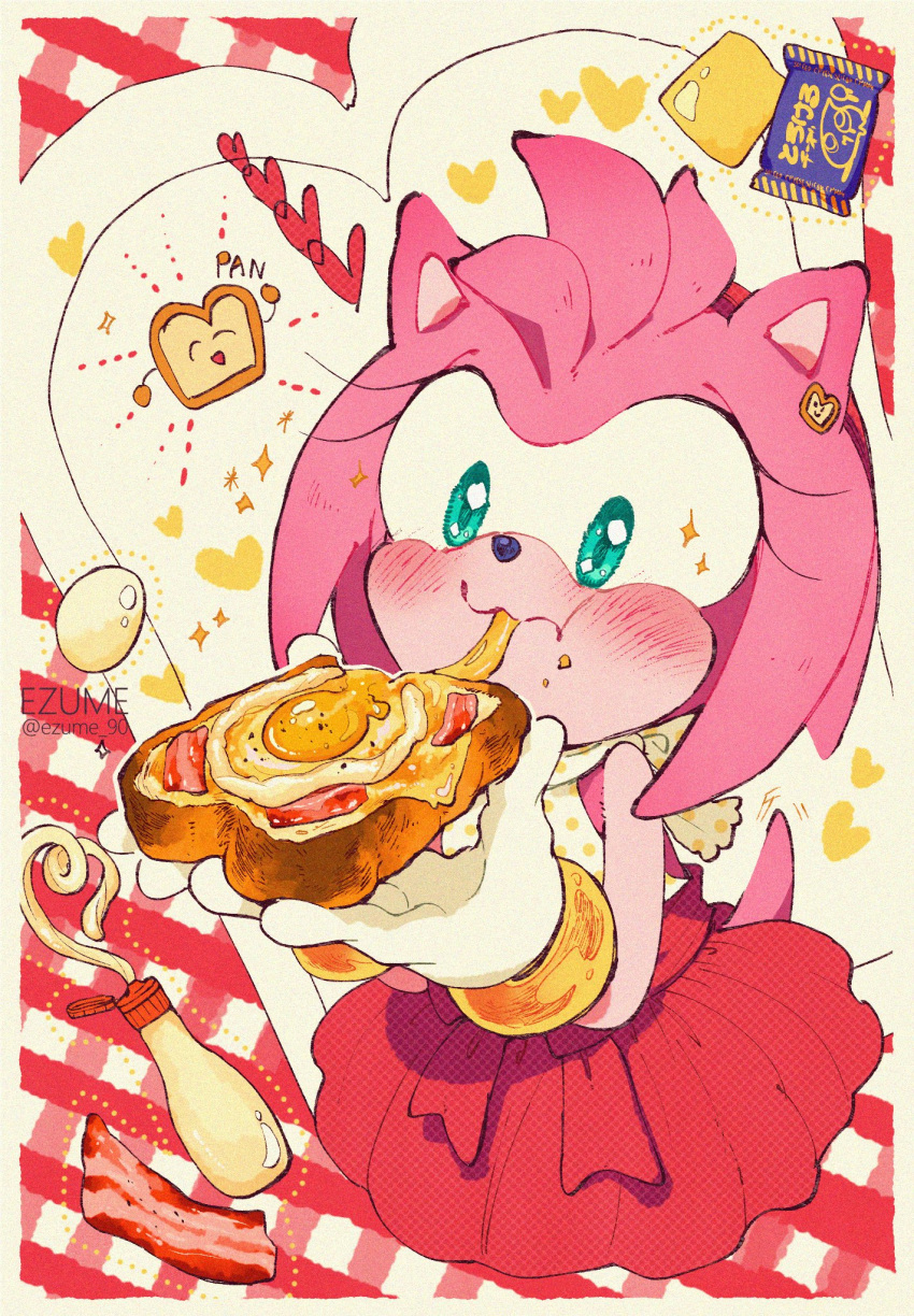1girl amy_rose animal_ears animal_nose aqua_eyes artist_name bacon bare_shoulders blush border bottle bow bracelet bread bread_slice cheese closed_mouth eating egg eyelashes ezume_(rosehip) food food_on_face fried_egg furry furry_female gloves gold_bracelet hairband hands_up heart hedgehog_ears hedgehog_girl hedgehog_tail highres holding holding_food jewelry looking_to_the_side mayonnaise package pink_fur plaid plaid_background polka_dot red_background red_bow red_hairband red_skirt skirt solo sonic_(series) standing star_(symbol) tail tank_top white_background white_border white_gloves white_tank_top