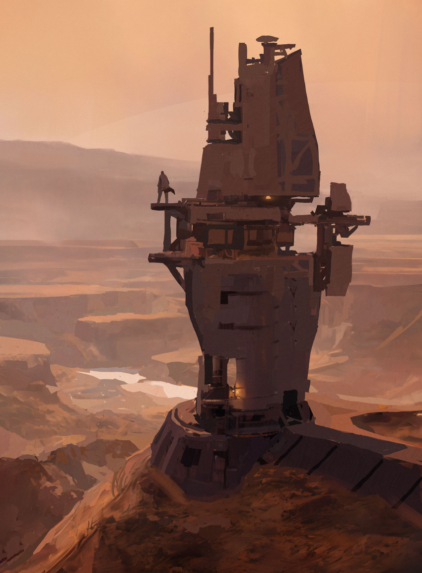 1other absurdres building bunker canyon cloak highres landscape mark_zhang mars_(planet) original red_sky scenery science_fiction sky