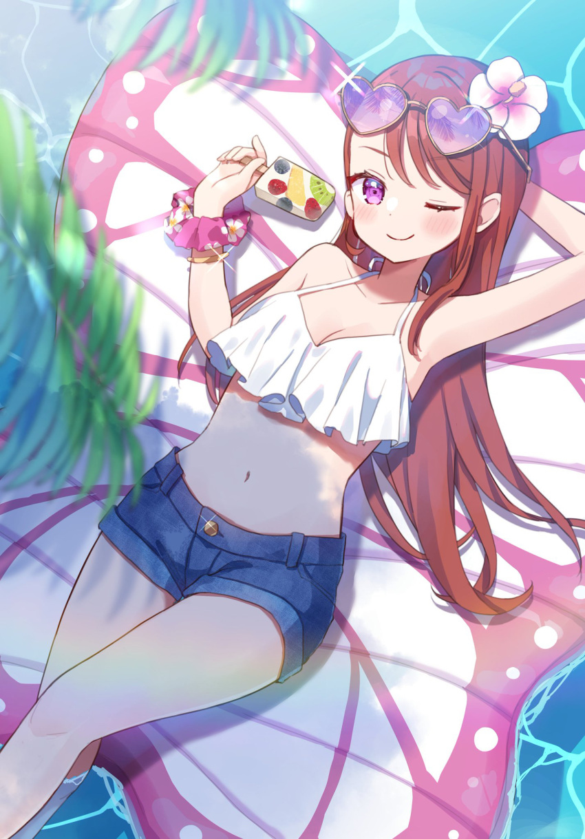 1girl ;) armpits blue_shorts blurry blurry_foreground bracelet breasts brown_hair cleavage closed_mouth collarbone crop_top eyewear_on_head floral_print flower food from_above hair_flower hair_ornament halterneck heart heart-shaped_eyewear hibiscus highres hijiri_ageha hirogaru_sky!_precure holding holding_food jewelry long_hair looking_at_viewer lying medium_breasts midriff navel on_back one_eye_closed pink_scrunchie precure print_scrunchie purple-tinted_eyewear red_eyes scrunchie short_shorts shorts shuu_(mniarnoakou) smile solo sparkle stomach summer sunglasses tinted_eyewear very_long_hair white_flower wrist_scrunchie