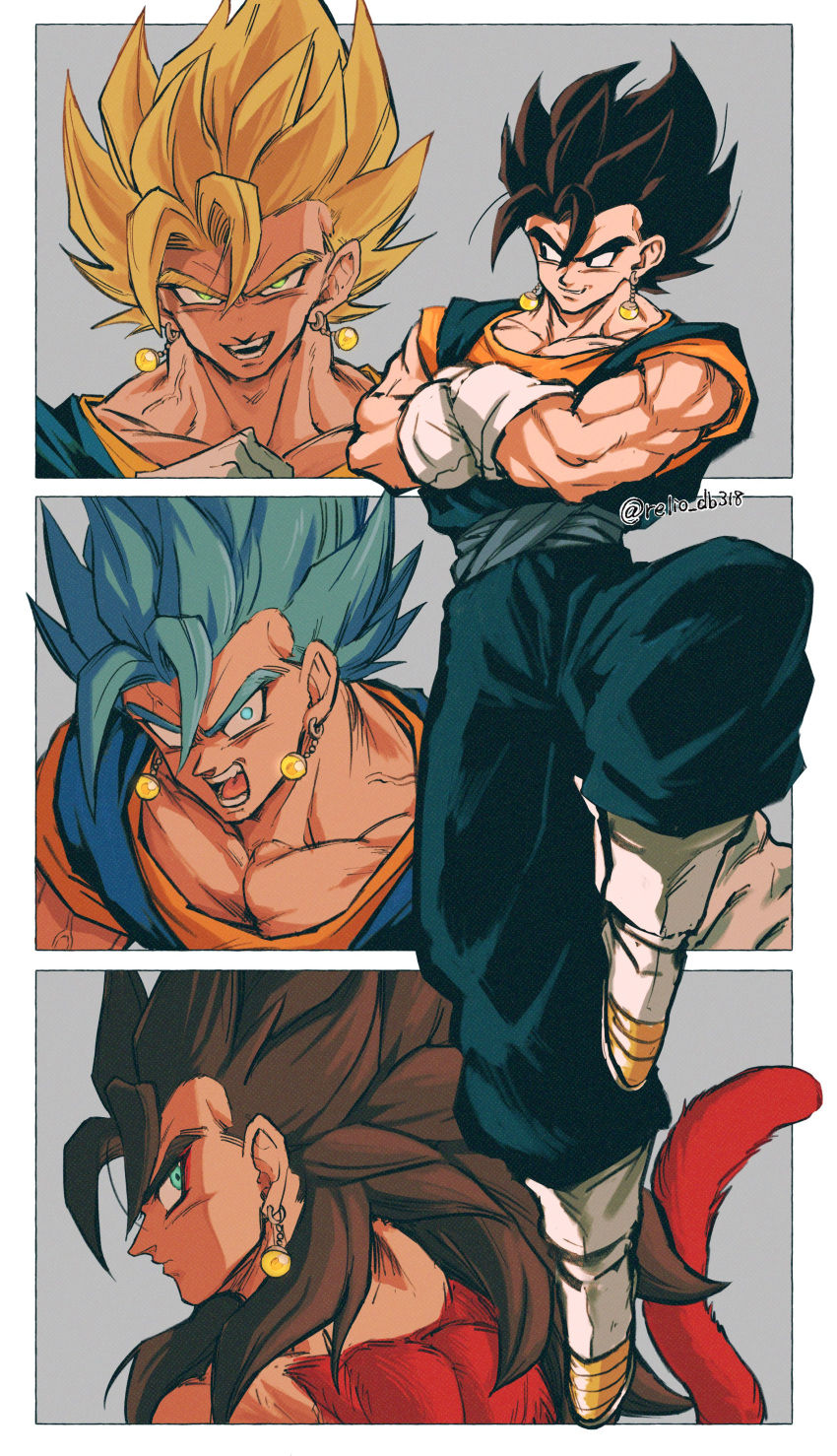 1boy absurdres biceps blue_eyes body_fur closed_mouth dragon_ball dragon_ball_super dragon_ball_z earrings highres jewelry looking_at_viewer male_focus monkey_boy monkey_tail muscular muscular_male pants pectorals potara_earrings red_fur relio_db318 sash smile spiked_hair super_saiyan super_saiyan_1 super_saiyan_4 super_saiyan_blue tail vegetto vegetto_(xeno)