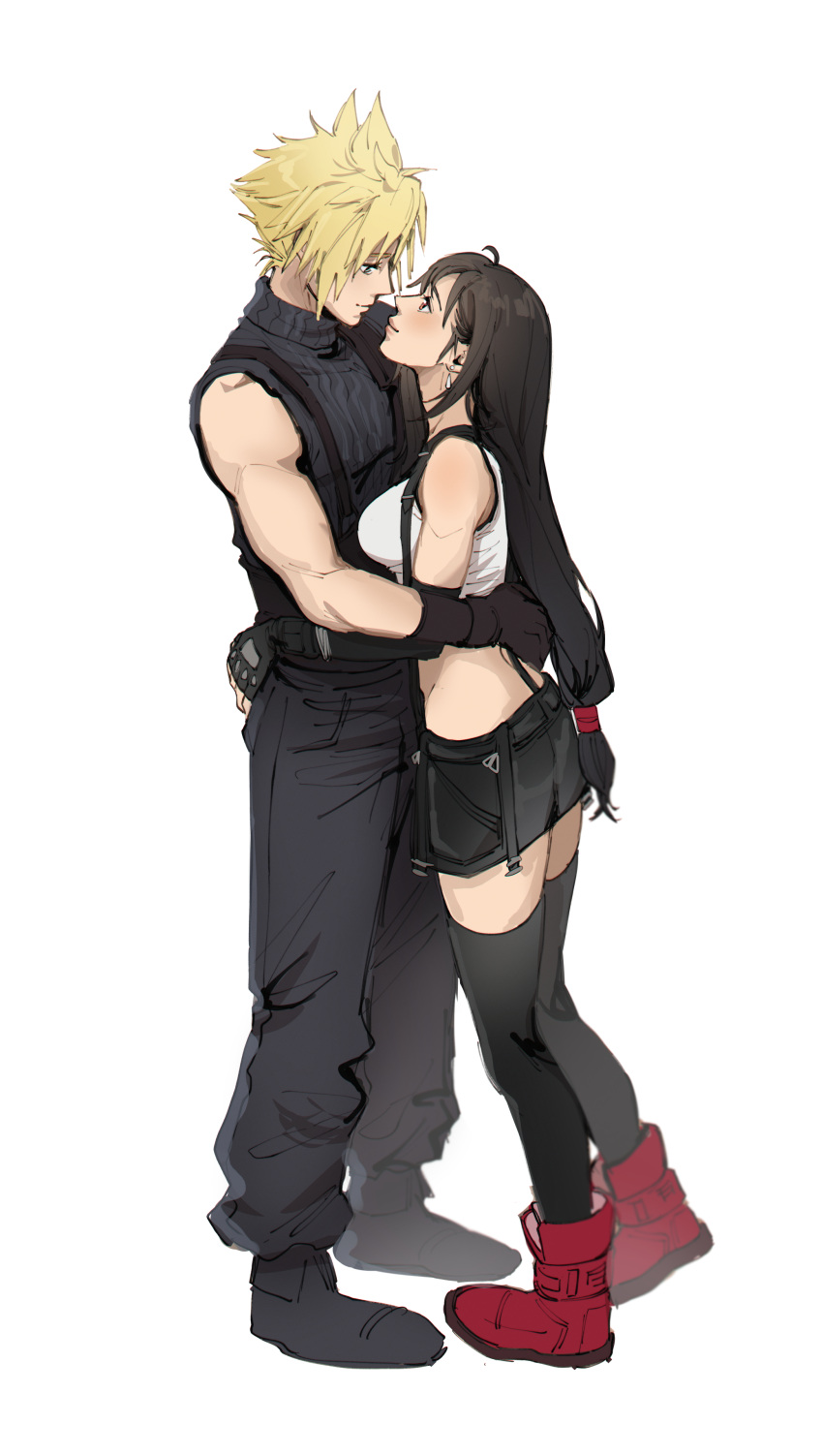 1boy 1girl absurdres baggy_pants bare_shoulders black_footwear black_gloves black_hair black_skirt black_thighhighs blonde_hair blue_eyes boots breasts closed_mouth cloud_strife commentary couple crop_top earrings elbow_gloves eye_contact final_fantasy final_fantasy_vii final_fantasy_vii_remake fingerless_gloves full_body gloves highres hug jewelry large_breasts light_blush long_hair looking_at_another looking_down looking_up low-tied_long_hair midriff pants pudelmudel red_eyes red_footwear short_hair single_bare_shoulder single_earring skirt sleeveless sleeveless_turtleneck spiked_hair standing suspender_skirt suspenders sweater tank_top teardrop_earrings thighhighs tifa_lockhart turtleneck turtleneck_sweater very_long_hair white_background white_tank_top zettai_ryouiki