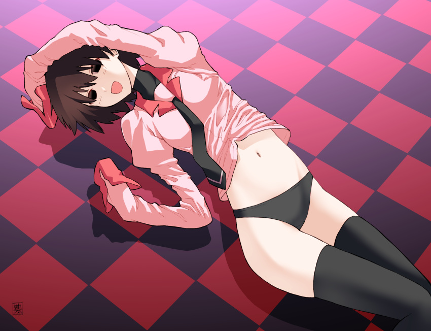 1girl :d arm_up artist_name bangs black_background black_eyes black_necktie black_panties black_thighhighs black_undershirt blush bob_cut breasts checkered_background checkered_floor clothes_lift commentary empty_eyes feet_out_of_frame hair_over_eyes hand_on_own_head highres kikumaru_bunta long_bangs long_sleeves looking_at_viewer looking_to_the_side looking_up lying midriff monogatari_(series) naoetsu_high_school_uniform navel necktie on_back on_floor open_mouth oshino_ougi pale_skin panties pink_shirt puffy_sleeves red_background school_uniform shadow shirt shirt_lift short_hair signature sleeves_past_fingers sleeves_past_wrists small_breasts smile solo thighhighs translated undershirt underwear