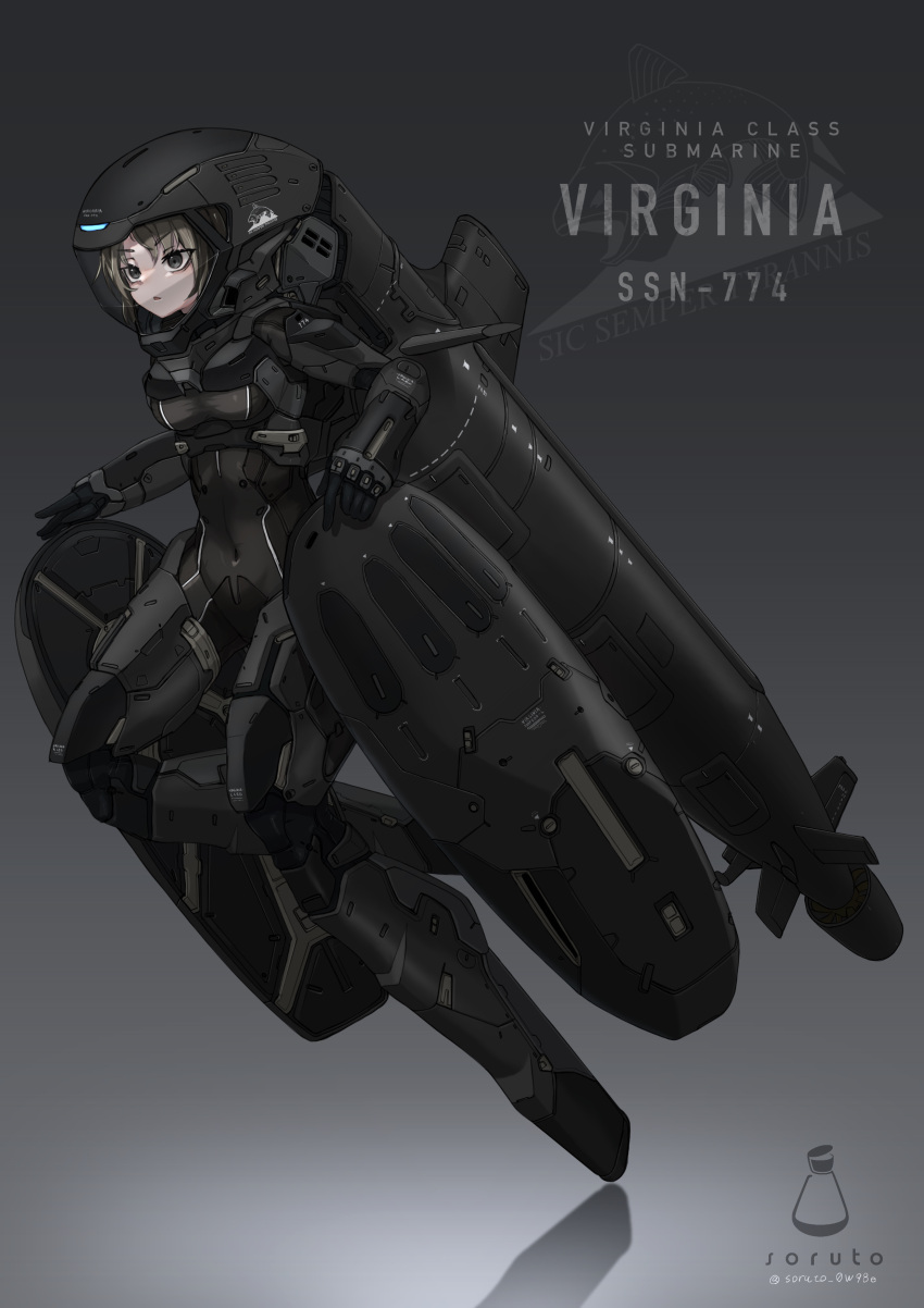 1girl absurdres armor armored_bodysuit black_bodysuit blonde_hair bodysuit breasts commentary_request covered_navel full_body gradient_background grey_background grey_eyes helmet highres mecha_musume medium_breasts original personification shadow solo soruto_0w98e submarine watercraft