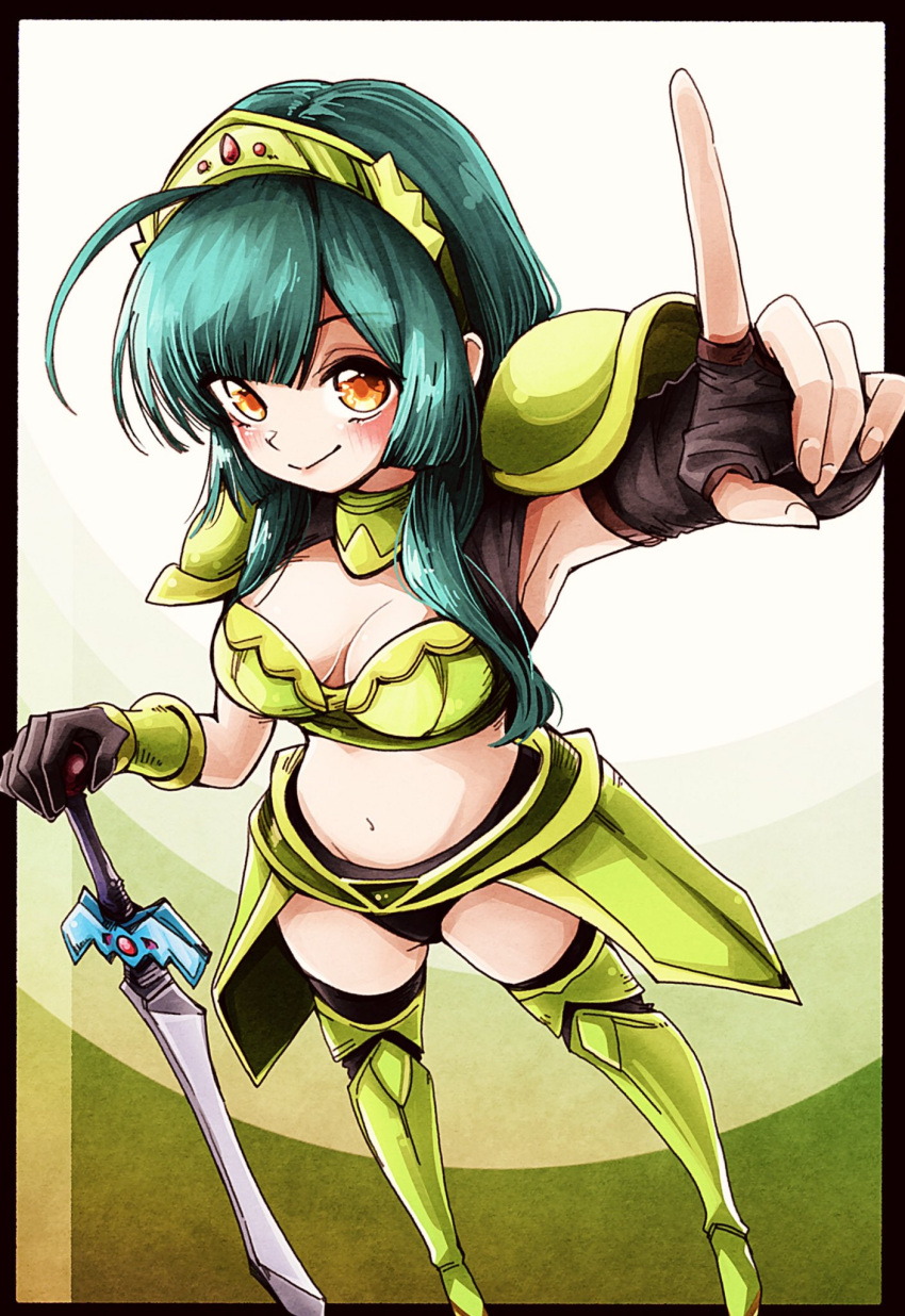 1girl ahoge alternate_costume arm_up armor armored_boots asymmetrical_gloves bikini_armor black_gloves blunt_bangs blush boots breasts brown_background cleavage closed_mouth commentary_request faulds fingerless_gloves foreshortening from_above gloves green_armor green_background green_hair hand_on_hilt highres long_hair looking_at_viewer mismatched_gloves multicolored_background natsu_tuna navel orange_eyes pauldrons planted planted_sword pointing pointing_at_viewer shoulder_armor sidelocks single_bracer single_fingerless_glove smile solo standing stomach sword thigh_boots tiara touhoku_zunko voiceroid weapon white_background
