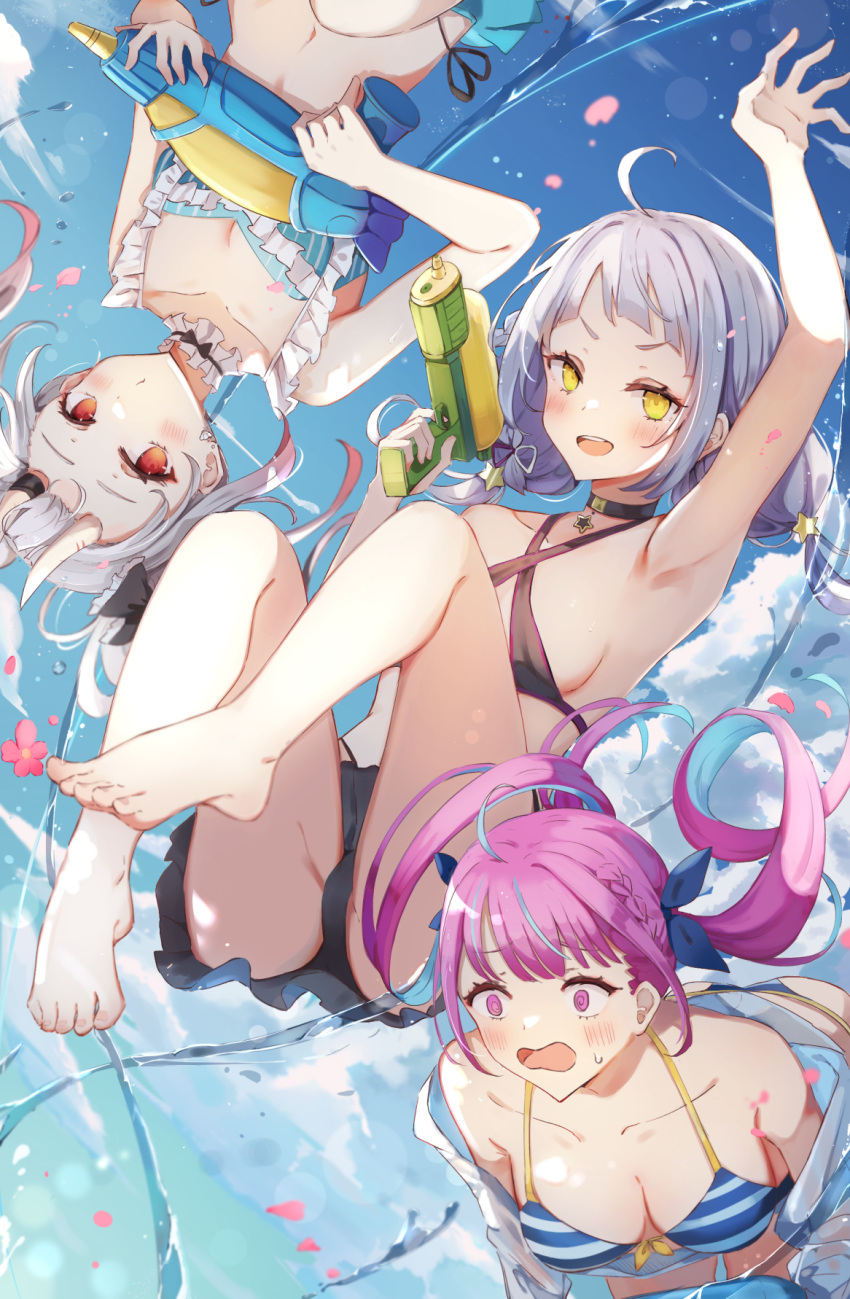 3girls @_@ ahoge arm_up armpit_crease armpits barefoot bikini black_bikini black_choker blue_bikini blue_bow blue_hair blue_sky blush bow braid breasts choker commentary_request day dutch_angle eyelashes falling_petals feet feet_out_of_frame flower frilled_bikini frills full_body gradient_hair grey_hair hair_bow hand_up highres holding hololive horns legs light_purple_hair long_hair looking_at_viewer medium_breasts miakiuehashi midair minato_aqua minato_aqua_(2nd_costume) multicolored_hair multiple_girls murasaki_shion murasaki_shion_(3rd_costume) nakiri_ayame nakiri_ayame_(summertime_nakiri) off_shoulder official_alternate_costume oni_horns open_mouth orange_eyes partially_visible_vulva petals pink_eyes pink_flower pink_hair short_eyebrows sideboob skin-covered_horns sky small_breasts streaked_hair striped striped_bikini sweatdrop swimsuit teeth thighs toenails toes twintails upper_teeth_only upside-down virtual_youtuber water water_gun white_bikini yellow_eyes