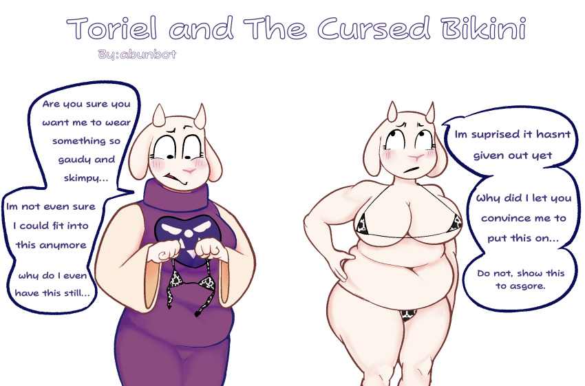 abunbot anthro big_breasts blush boss_monster bovid breasts caprine clothed clothing digital_media_(artwork) female fur goat hi_res horn humanoid mammal mature_female nipples simple_background solo text toriel undertale undertale_(series) white_body white_fur