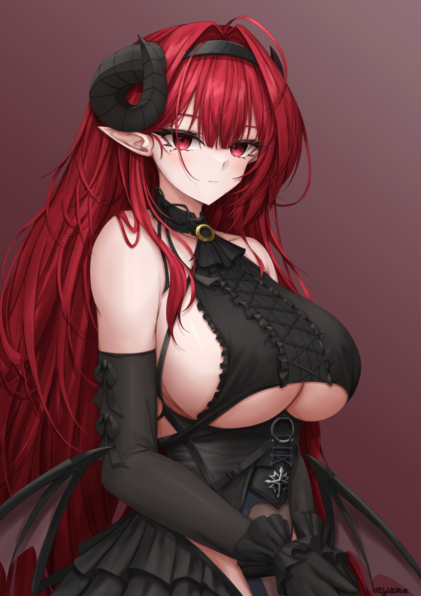 1girl absurdres ahoge artist_name azur_lane bare_shoulders black_gloves black_headband black_horns breasts center_frills closed_mouth clothing_cutout commentary_request curled_horns demon_girl demon_wings elbow_gloves expressionless eyelashes frills gloves gradient_background headband highres hindenburg_(azur_lane) horns large_breasts long_hair looking_at_viewer low_wings mole mole_under_eye own_hands_together pointy_ears red_eyes red_hair solo ueyama_0clock underboob underboob_cutout wings