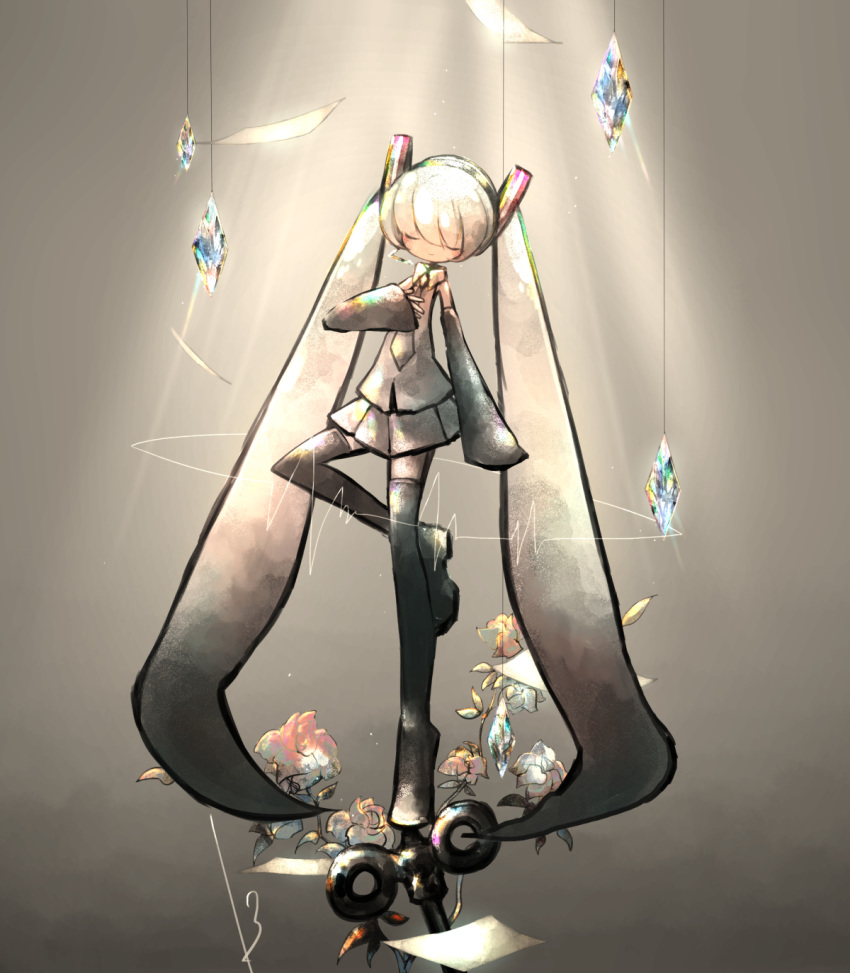 13_31n 1girl absurdly_long_hair ballet black_footwear blush boots cardiogram closed_eyes closed_mouth collared_shirt commentary detached_sleeves facing_viewer flying_paper grey_background grey_hair grey_skirt hair_ornament hand_on_own_chest hatsune_miku highres light_rays long_hair microphone miku_day necktie oversized_object paper pleated_skirt shirt signature skirt sleeveless sleeveless_shirt smile solo standing standing_on_object standing_on_one_leg thigh_boots tied_sleeves tiptoes twintails very_long_hair vocaloid winding_key