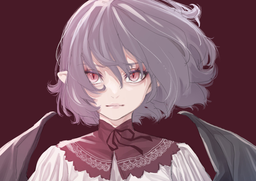 1girl absurdres bat_wings black_wings closed_mouth grey_hair hair_between_eyes highres kawayabug lips looking_at_viewer red_eyes remilia_scarlet short_hair slit_pupils solo straight-on touhou wings