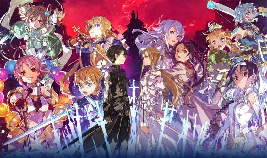 alice_zuberg asuna_(sao) black_eyes black_hair blonde_hair blue_eyes bow brown_eyes brown_hair bunbun eugeo green_eyes highres holding holding_sword holding_weapon kirito leafa lisbeth_(sao) looking_at_another looking_at_viewer mace radiant_light rapier red_eyes short_hair silica sinon sword sword_art_online sword_art_online:_alicization weapon white_armor yuuki_(sao)