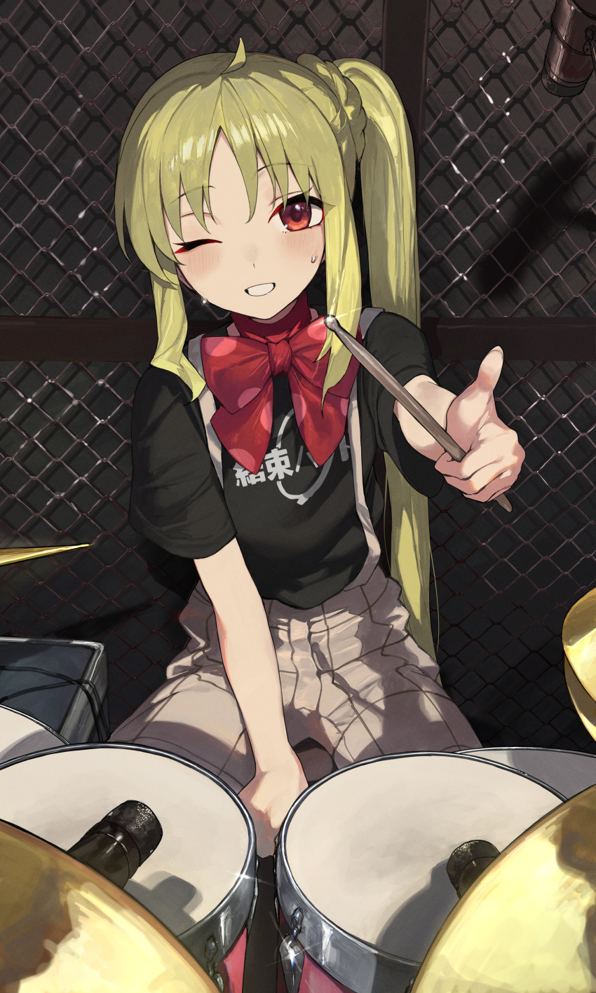 024th 1girl absurdres black_shirt blonde_hair blush bocchi_the_rock! bow bowtie commentary_request drum drumsticks grin highres holding holding_drumsticks ijichi_nijika instrument long_hair looking_at_viewer plaid plaid_shorts red_bow red_bowtie red_eyes shirt short_sleeves shorts side_ponytail sidelocks sitting smile solo sweat very_long_hair