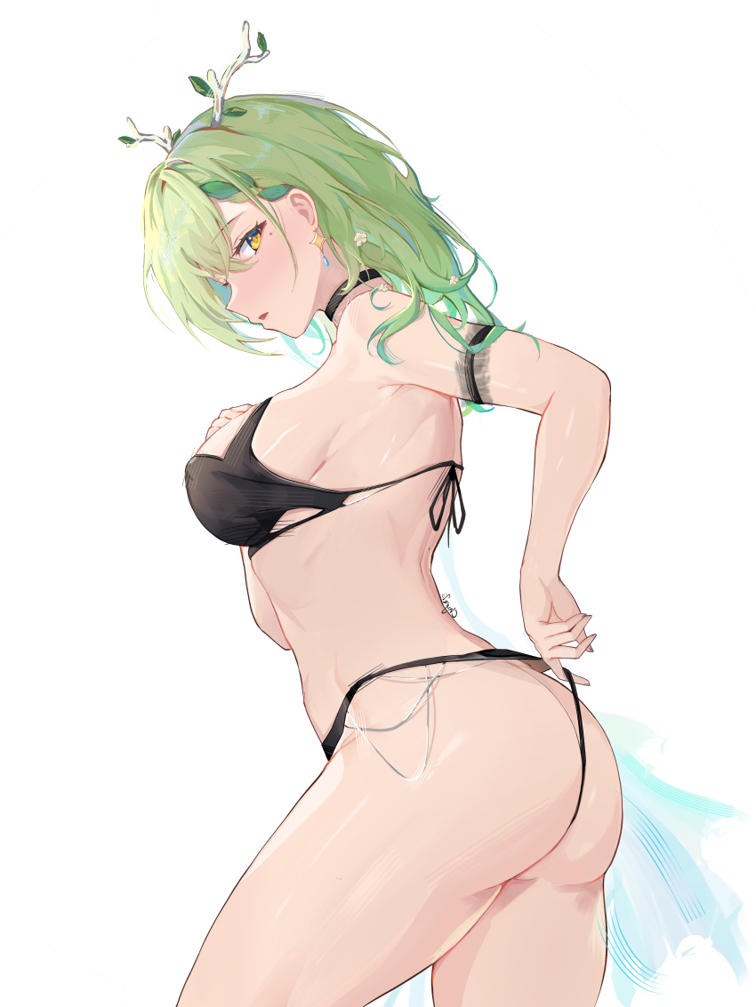 1girl absurdres adjusting_clothes adjusting_panties adjusting_swimsuit alternate_costume antlers armband ass bikini black_choker black_hair braid braided_bangs branch breasts ceres_fauna choker chyraliss covered_nipples earrings flower green_hair green_nails hair_flower hair_ornament highres hololive hololive_english jewelry large_breasts long_hair looking_at_viewer mole mole_under_eye multicolored_hair panties sideboob solo streaked_hair swimsuit thighs thong underwear virtual_youtuber yellow_eyes