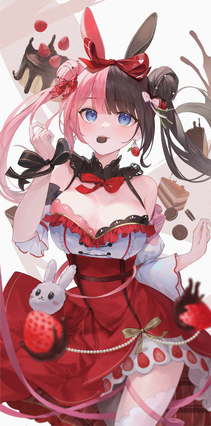 1girl absurdres animal_ears black_bow black_hair blue_eyes bow breasts cake center_frills cleavage commentary detached_sleeves double_bun dress earrings eating fake_animal_ears food food-themed_earrings food-themed_hair_ornament food_print frilled_sleeves frills fruit hair_bun hair_ornament highres iris_black_games jewelry large_breasts layer_cake long_hair looking_up multicolored_hair nakashima_(pluscolor) oreo pink_bow pink_hair pink_ribbon plaid plaid_skirt rabbit rabbit_ears red_bow red_dress red_skirt ribbon sidelocks skirt solo split-color_hair strawberry strawberry_earrings strawberry_hair_ornament strawberry_print stuffed_animal stuffed_toy symbol-only_commentary tachibana_hinano_(vtuber) thighhighs twintails two-tone_hair virtual_youtuber vspo! white_dress white_thighhighs wrist_bow yellow_bow