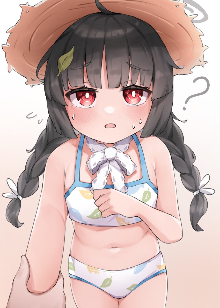 1girl 1other ? absurdres arm_grab bikini black_hair blue_archive blush braid commentary_request grabbing_another's_arm grey_halo halo hat highres leaf leaf_on_head leaf_print long_hair looking_at_viewer miyu_(blue_archive) miyu_(swimsuit)_(blue_archive) navel official_alternate_costume print_bikini red_eyes solo_focus straw_hat sweat swimsuit syarrchan twin_braids white_bikini