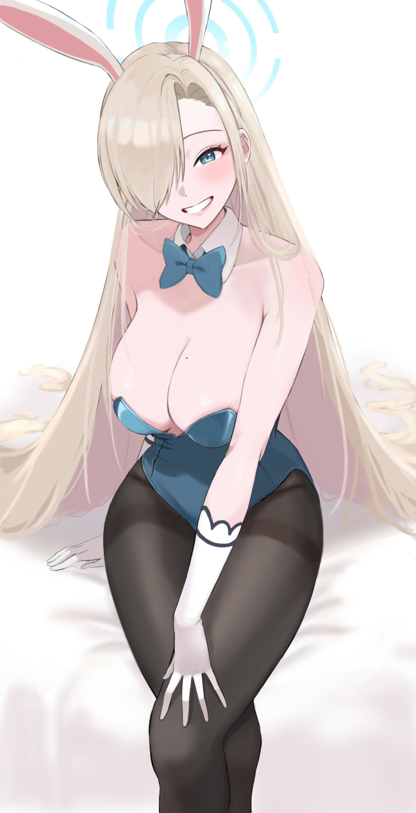 1girl 92abe1 animal_ears asuna_(blue_archive) asuna_(bunny)_(blue_archive) black_pantyhose blonde_hair blue_archive blue_bow blue_bowtie blue_eyes blue_leotard bow bowtie breasts cleavage detached_collar fake_animal_ears gloves hair_over_one_eye halo highleg highleg_leotard highres large_breasts leotard long_hair looking_at_viewer mole official_alternate_costume pantyhose playboy_bunny rabbit_ears sitting solo strapless strapless_leotard thighband_pantyhose traditional_bowtie white_gloves