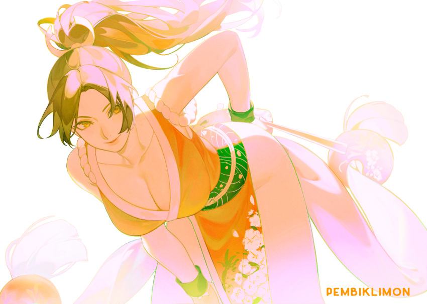 1girl arm_guards bent_over breasts brown_eyes brown_hair cleavage downblouse hand_on_own_hip high_ponytail highres leaning_forward long_hair looking_at_viewer ninja pelvic_curtain pembiklimon ponytail revealing_clothes rope shiranui_mai simple_background the_king_of_fighters white_background