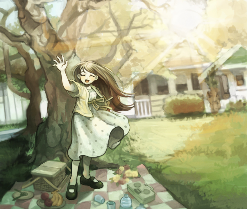 1girl 9twoeight ^_^ absurdres apple arm_up banana black_footwear closed_eyes day facing_viewer food fruit highres house mari_(faraway)_(omori) mari_(omori) omori open_mouth outdoors picnic picnic_basket short_sleeves smile solo standing tree