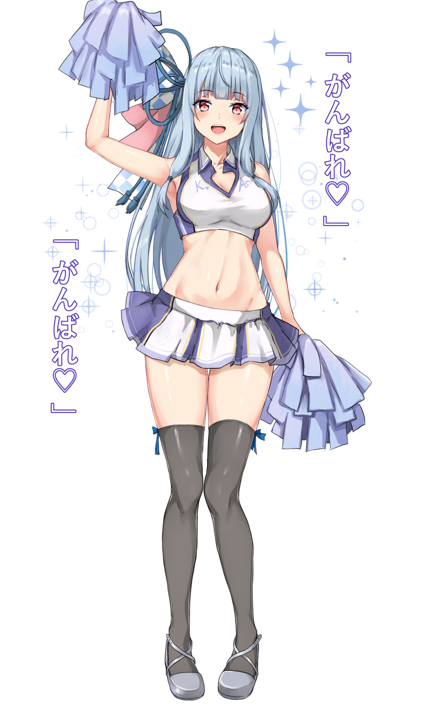 1girl absurdres amagi_(amagi626) arm_up bare_shoulders blue_hair blue_ribbon blunt_bangs breasts cheerleader collared_shirt crop_top full_body groin hair_ribbon highres holding holding_pom_poms kotonoha_aoi long_hair midriff miniskirt navel open_mouth pom_pom_(cheerleading) red_eyes ribbon shirt shoes sidelocks simple_background skirt smile solo sparkle standing teeth thighhighs translated upper_teeth_only voiceroid white_background