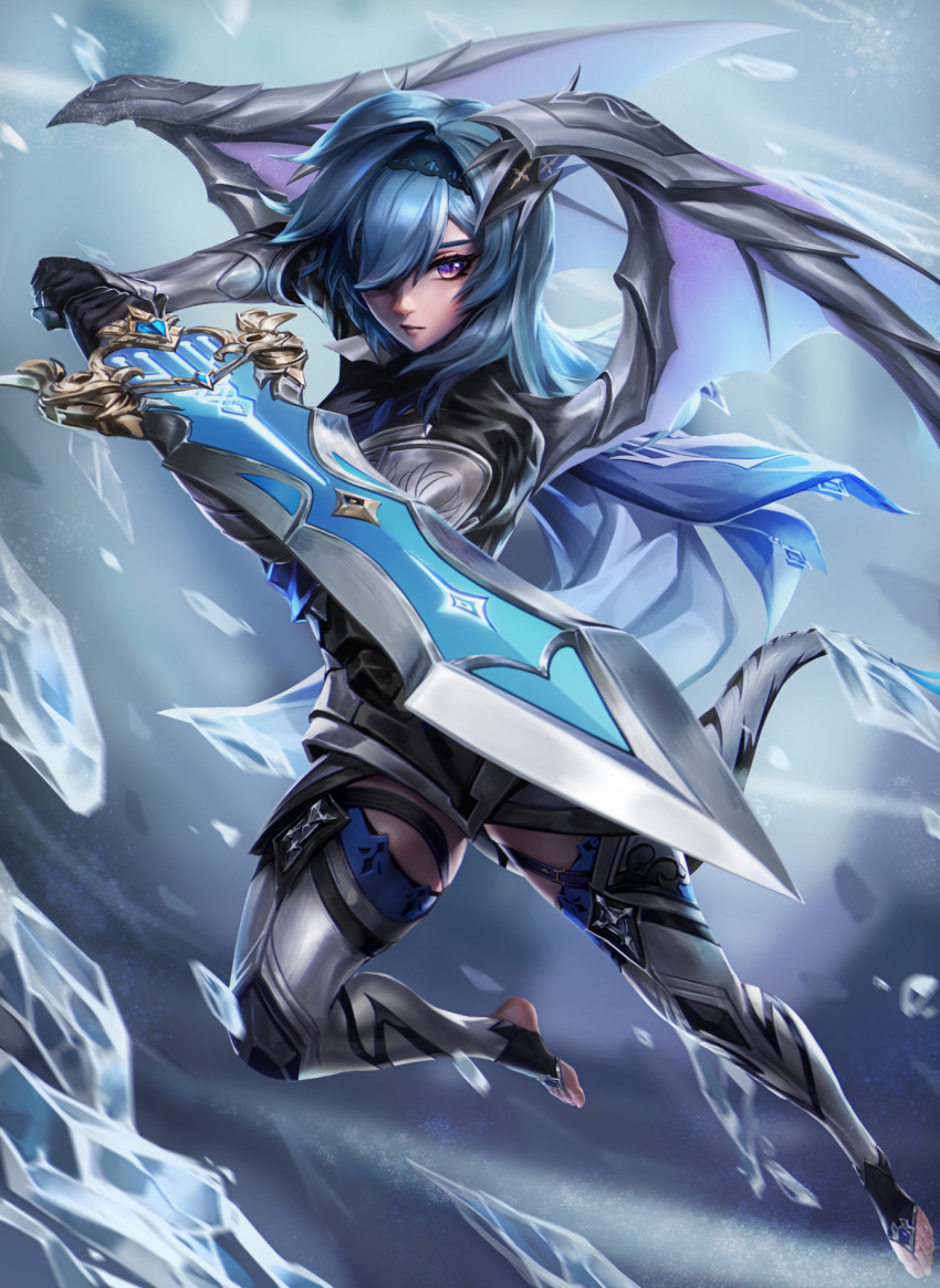 1girl armor black_gloves blue_cape blue_hair cape corrin_(female)_(fire_emblem) corrin_(female)_(fire_emblem)_(cosplay) corrin_(fire_emblem) cosplay dragon_tail dragon_wings dragonstone eula_(genshin_impact) genshin_impact gloves hair_over_one_eye highres holding holding_sword holding_weapon imdrunkontea long_hair purple_eyes solo sword tail thighhighs toeless_legwear weapon wings