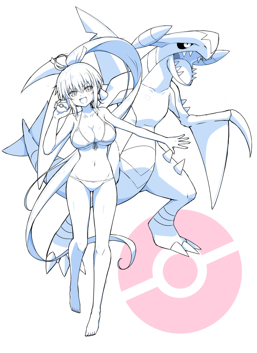 &gt;:) 1girl absurdres armpit_crease bare_shoulders barefoot bikini black_hair black_sclera blush breasts claws cleavage collarbone colored_sclera commission dragon dragon_horns eggman_(pixiv28975023) fins front-tie_bikini_top front-tie_top garchomp greyscale_with_colored_background groin hair_ribbon high_ponytail highres holding holding_poke_ball homura_(senran_kagura) horns large_breasts long_hair looking_at_viewer micro_bikini navel open_mouth poke_ball poke_ball_(basic) pokemon pokemon_(creature) pokemon_(game) pokemon_dppt ponytail ribbon senran_kagura senran_kagura_shoujo-tachi_no_shin'ei sharp_teeth skeb_commission smile smirk spikes standing swimsuit tail teeth tongue v-shaped_eyebrows very_long_hair white_ribbon