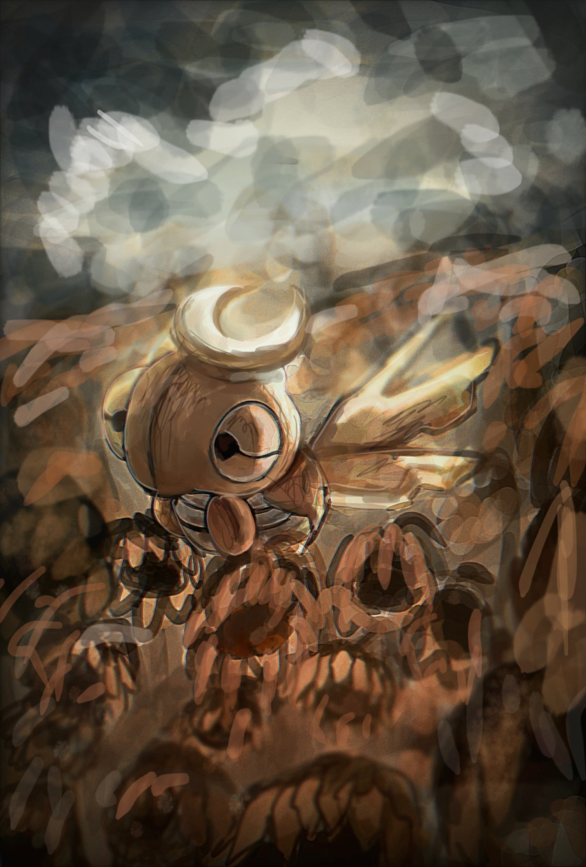 animal_focus backlighting black_eyes blurry blurry_background bug chromatic_aberration commentary_request floating flower full_body halo highres no_humans outdoors pokemon pokemon_(creature) shedinja sketch solo sunflower tensaitou_tou wilted_flower