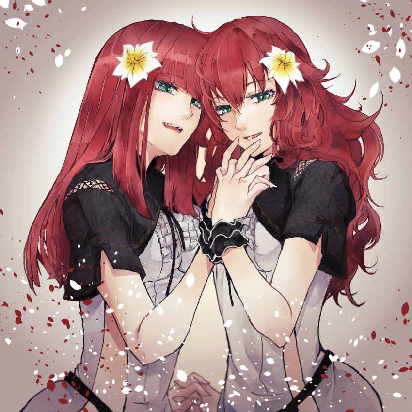 2girls black_bow black_shrug blunt_bangs blunt_ends bow clothing_cutout commentary_request devola dress falling_petals flower frilled_dress frills gradient_background green_eyes hair_flower hair_ornament highres holding_hands lips long_hair multiple_girls nier:automata nier_(series) parted_lips petals popola red_eyes rolling_anco short_sleeves shoulder_cutout shrug_(clothing) siblings side_slit sisters smile straight_hair twins upper_body wavy_hair white_dress white_flower wrist_cuffs