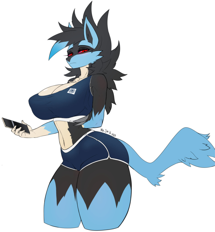 2023 anthro big_breasts black_body black_fur black_hair blue_body blue_bottomwear blue_bra blue_clothing blue_fur blue_hair blue_shorts blue_sports_bra blue_underwear bottomwear bra breasts cellphone cleavage clothed clothing exposure_variation female fur generation_4_pokemon generation_7_pokemon gym_bottomwear gym_clothing gym_shorts hair half-closed_eyes hand_behind_back hi_res holding_cellphone holding_object holding_phone holding_smartphone hybrid looking_at_viewer lucario lycanroc maned_kitsune midnight_lycanroc multicolored_body multicolored_fur multicolored_hair narrowed_eyes nintendo phone pokemon pokemon_(species) red_eyes red_sclera shorts simple_background small_waist smartphone solo sports_bra standing tan_body tan_fur thick_thighs two_tone_hair underwear white_background