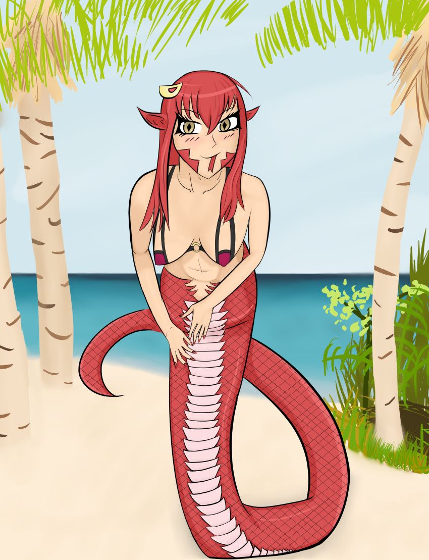 2023 absurd_res accessory apode beach bikini bikini_top blush breasts clothing diamond_pupils digital_media_(artwork) draconcopode face_scales female hair hair_accessory hi_res humanoid_pointy_ears lamia leaning leaning_forward legless miia_(monster_musume) monster_girl_(genre) monster_musume pupils red_body red_ears red_hair red_scales reptile rocsilg scales scalie seaside serpentine slit_pupils snake solo split_form swimwear tail yellow_eyes