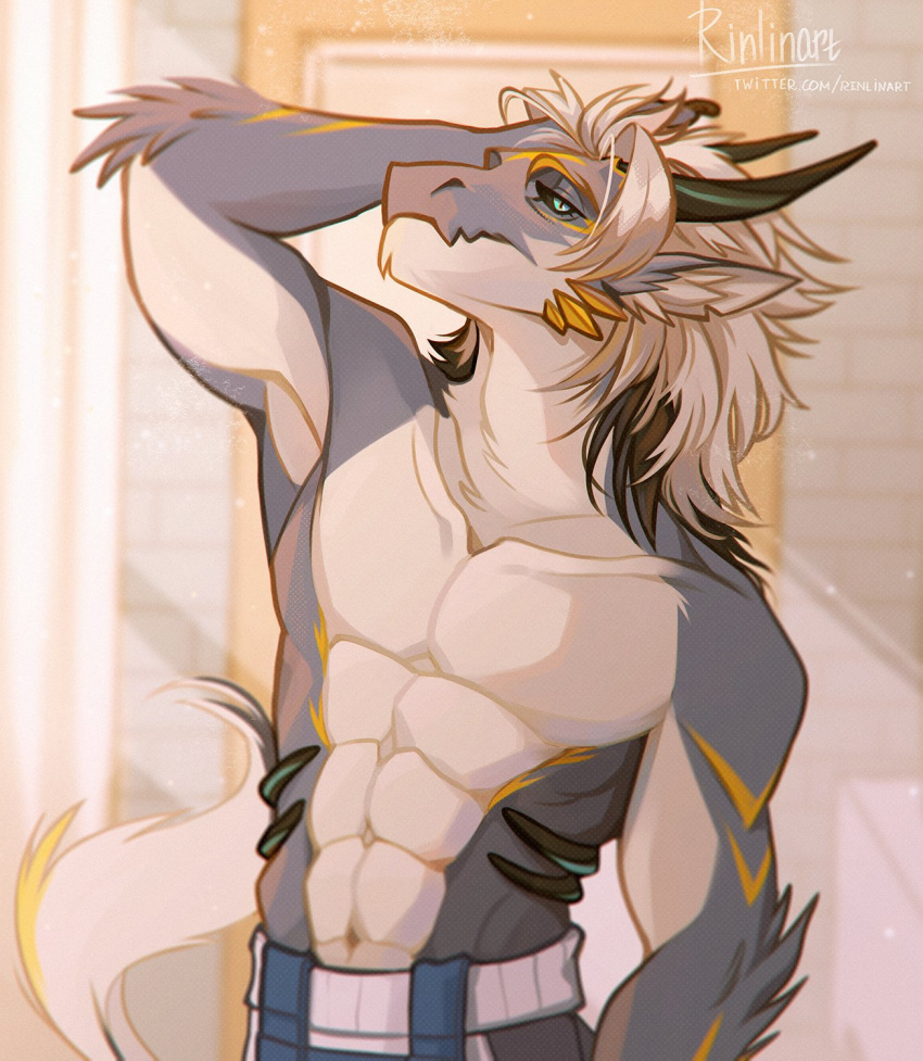 abs anthro arm_tuft black_sclera blue_eyes clothed clothing dragon elbow_tuft fur hi_res horn looking_at_viewer male multicolored_body muscular muscular_anthro pecs pose rinlinart solo tail tail_motion topless topless_anthro topless_male tuft white_body white_fur