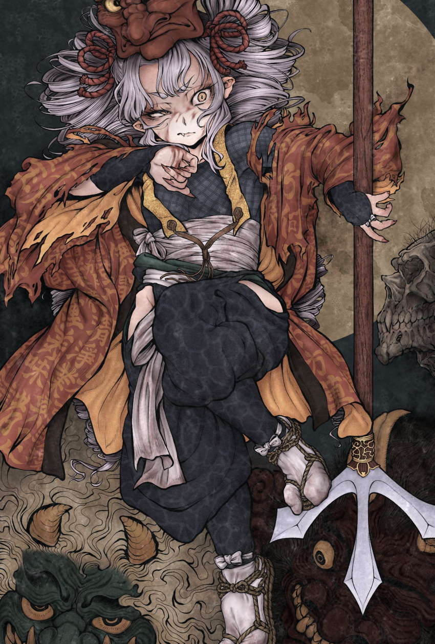 1girl :/ armor black_hakama blood blood_on_face blood_on_hands closed_mouth commentary_request drill_hair eyelashes fang fingernails fishnet_top fishnets floating_hair foot_up full_body gashadokuro glaring grey_hair hakama hakama_pants highres hip_bones hip_vent holding holding_polearm holding_weapon japanese_armor japanese_clothes jumonji_yari kote kurokote long_hair looking_at_viewer mask mask_on_head miazuma_sarin midriff_sarashi oni pants pointy_ears polearm sarashi sharp_fingernails short_eyebrows sidelocks slit_pupils solo tabi text_print toe_scrunch torn_clothes traditional_youkai translation_request tsuina-chan twin_drills uneven_eyes v-shaped_eyebrows very_long_hair voiceroid weapon wiping_blood yellow_eyes zouri