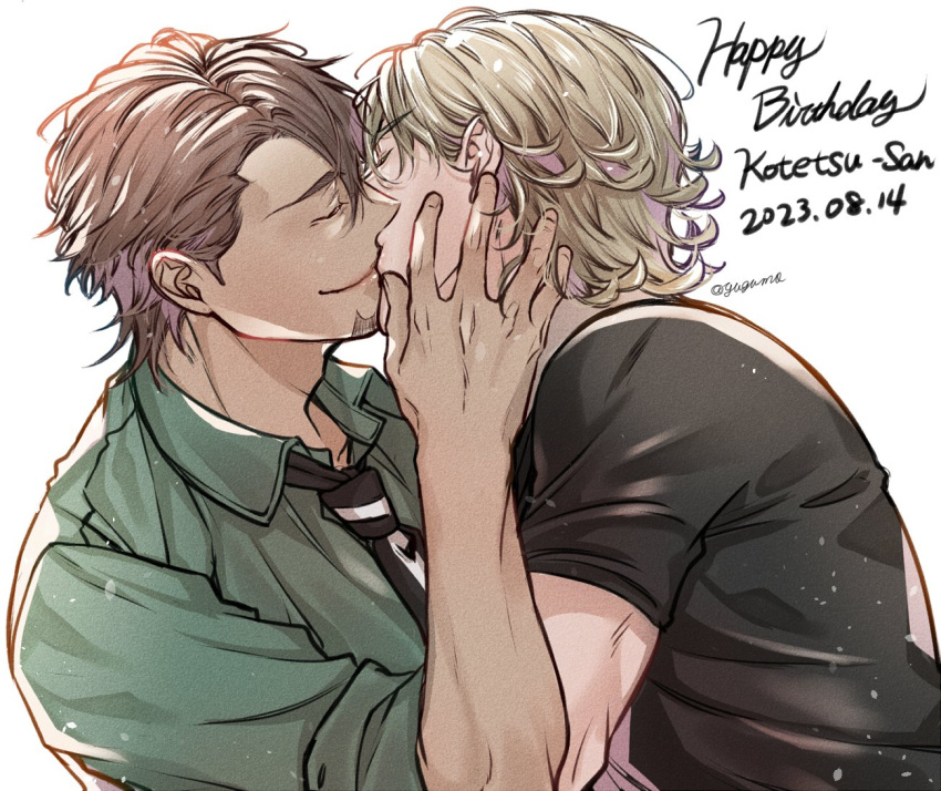 2boys barnaby_brooks_jr. black_shirt blonde_hair brown_hair closed_eyes collared_shirt dated facial_hair goatee green_shirt hand_on_another's_face happy_birthday kaburagi_t._kotetsu kiss male_focus multiple_boys shirt short_hair short_sleeves smile tiger_&amp;_bunny toned toned_male white_background yaoi yugumotwst