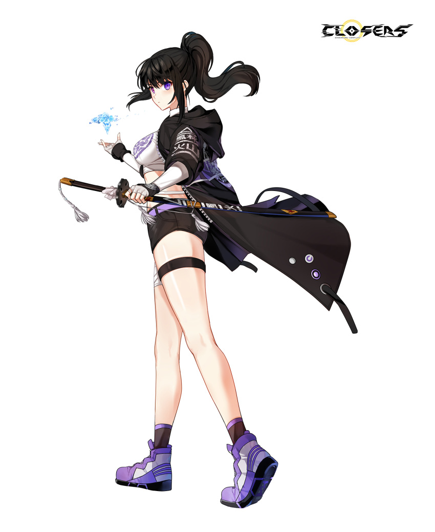 1girl bai_winchester bandaged_leg bandages bare_legs belt black_hair black_jacket black_shorts black_socks breasts closers crop_top elbow_gloves fingerless_gloves gloves heterochromia high_ponytail highres holding holding_sword holding_weapon hood hood_down hooded_jacket ice jacket katana large_breasts long_hair looking_at_viewer magic midriff non-web_source official_art open_clothes open_jacket pink_eyes ponytail purple_eyes sheath sheathed shirt shoes short_shorts shorts sidelocks sneakers socks solo standing sword tassel thigh_strap thighs turtleneck weapon white_gloves white_shirt