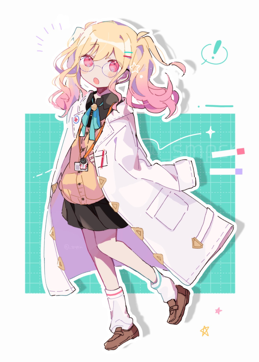 ! 1girl :o aqua_background aqua_ribbon bespectacled black_shirt black_skirt blonde_hair blush breast_pocket buttons cardigan charm_(object) coat collared_shirt colored_tips curly_hair dotted_line drop_shadow full_body get_over_it._(project_sekai) glasses gradient_hair grey-framed_eyewear grid grid_background highres id_card lab_coat lanyard lapels loafers long_sleeves looking_at_viewer miniskirt multicolored_hair neck_ribbon notched_lapels notice_lines open_clothes open_coat open_collar open_mouth pen_in_pocket pink_eyes pink_hair pink_stripes pleated_skirt pocket project_sekai ribbon robot round_eyewear sapri shirt shoes single_stripe skirt sleeves_past_fingers sleeves_past_wrists socks solo spoken_exclamation_mark standing standing_on_one_leg star_(symbol) striped tenma_saki twintails two-tone_background unbuttoned watermark white_background white_coat white_socks yellow_cardigan