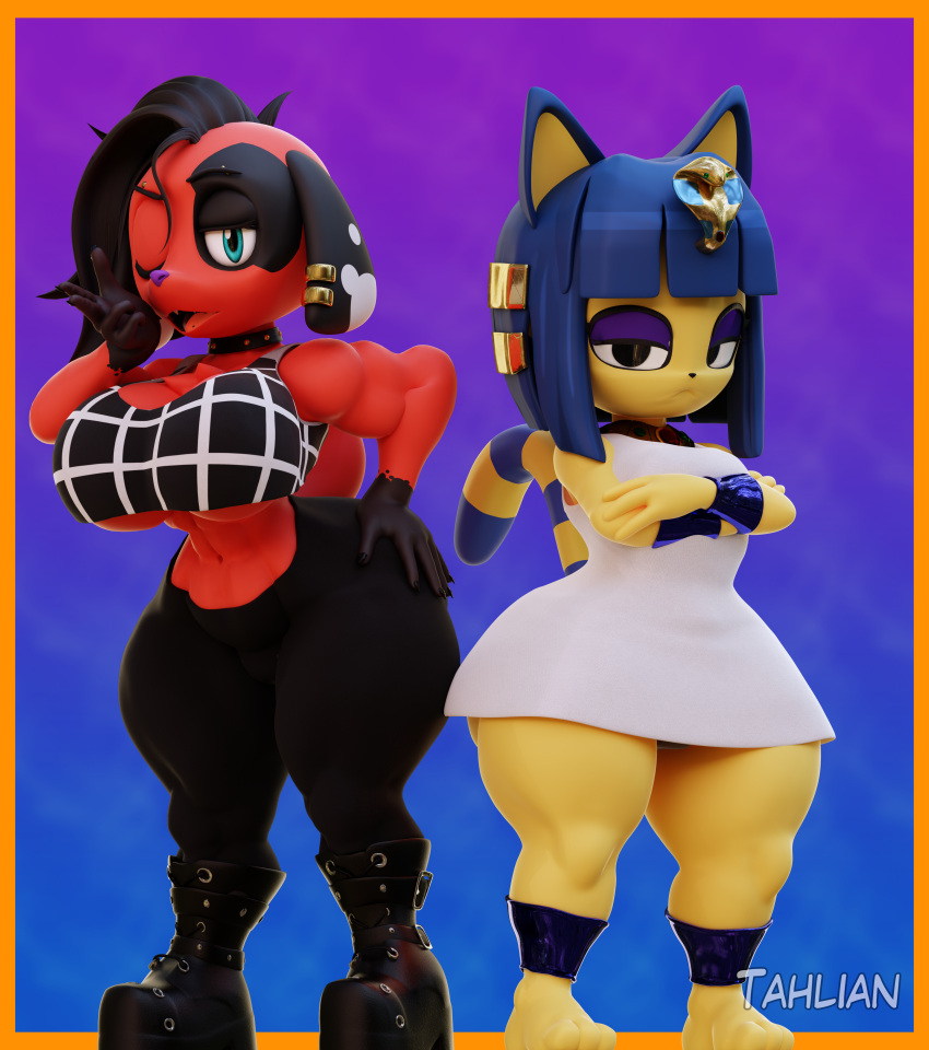 3d_(artwork) absurd_res animal_crossing ankha_(animal_crossing) anthro big_breasts blender_(software) boots border breasts canid canine canis cherry_(animal_crossing) clothing crossed_arms digital_media_(artwork) domestic_cat domestic_dog dress duo ear_piercing felid feline felis female footwear hand_on_hip hi_res looking_at_viewer mammal nintendo one_eye_closed orange_border piercing tahlian thick_thighs under_boob wide_hips wink